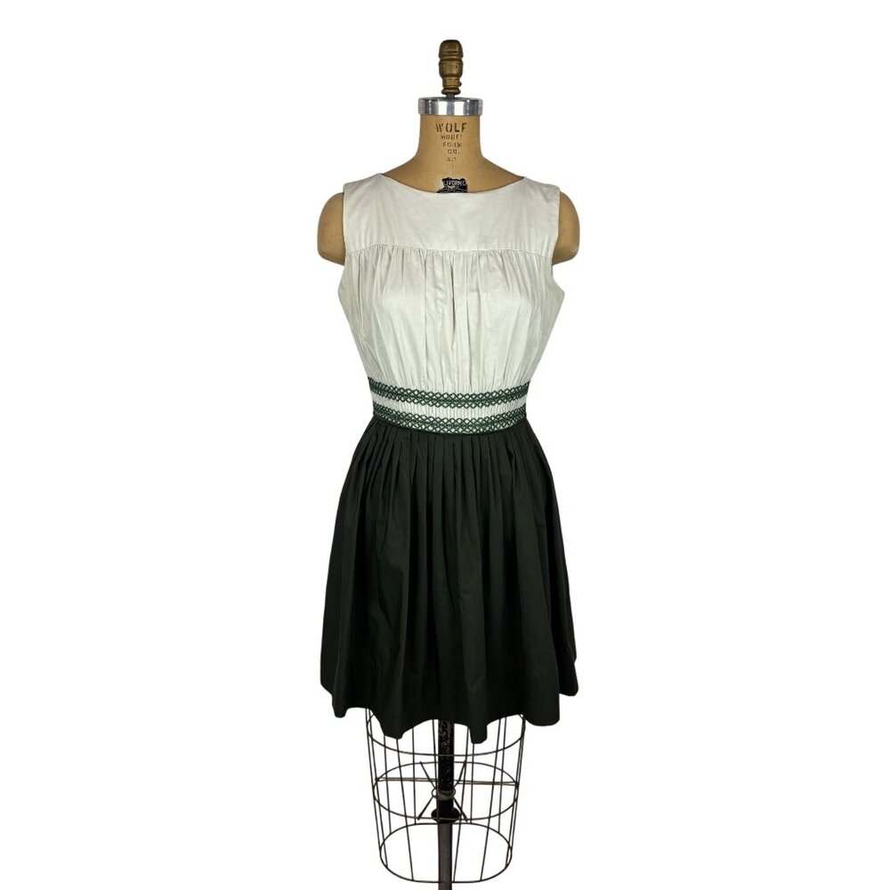 Vintage 60s Cotton Dress Womens Small Green Embroidered Waist Mini Summer